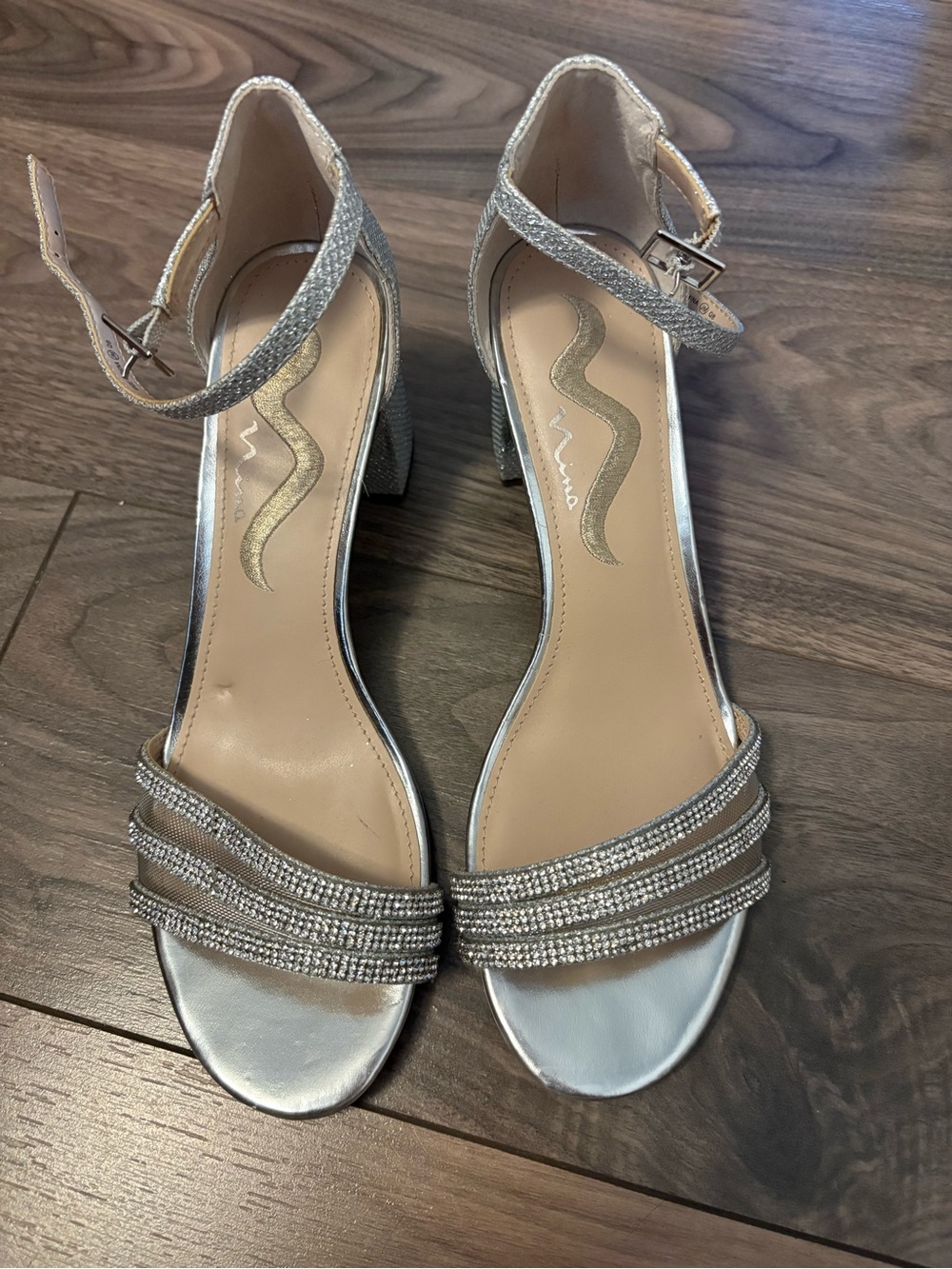Nina Silver Crystal-Strap Block Heel Sandals